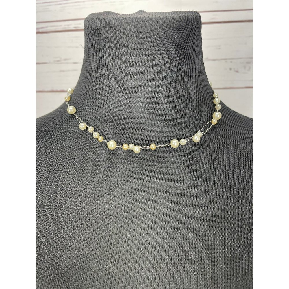 White Pearl Beaded Silver Wire Wrapped Illusion‎ Choker Collar Necklace
